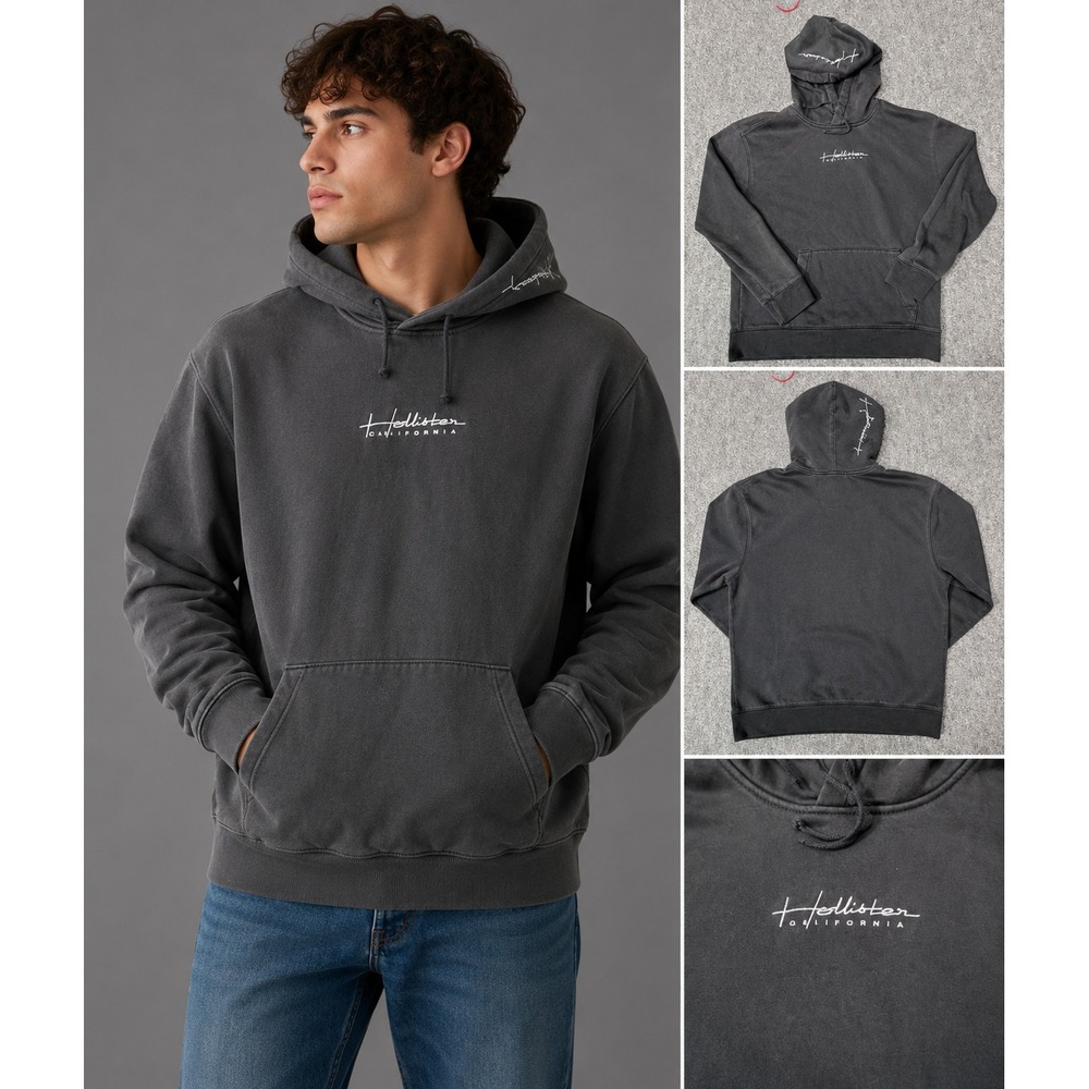 Hollister Men's Black Pullover Fleece Hoodie Logo Pockets Solid Size M